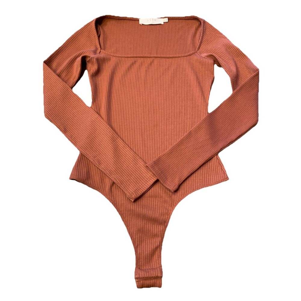 ASTR The Label Bodysuit Cinnamon Ginger Ribbed Square Neck Size XS Layer